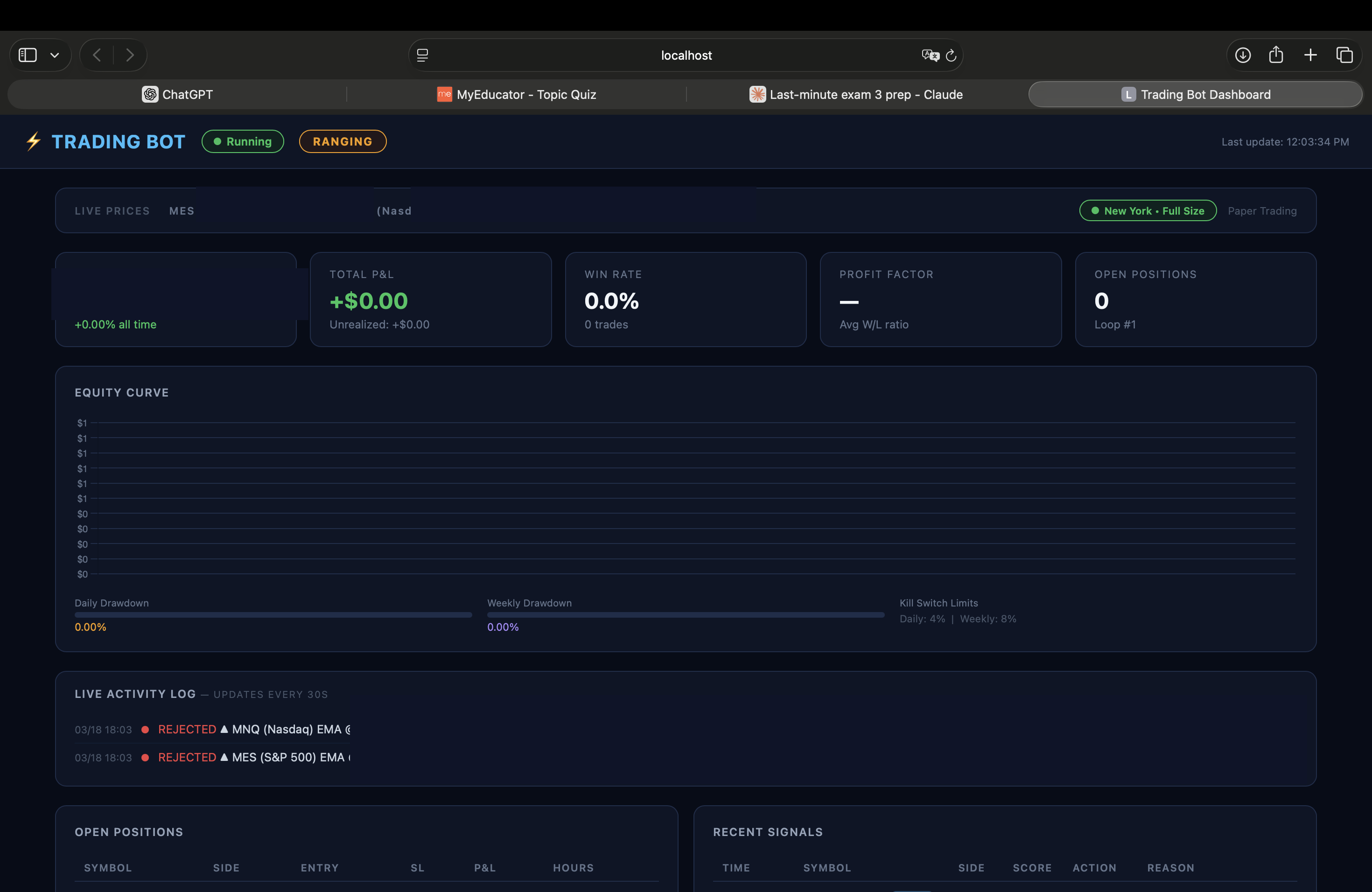Live AI trading bot dashboard running autonomously